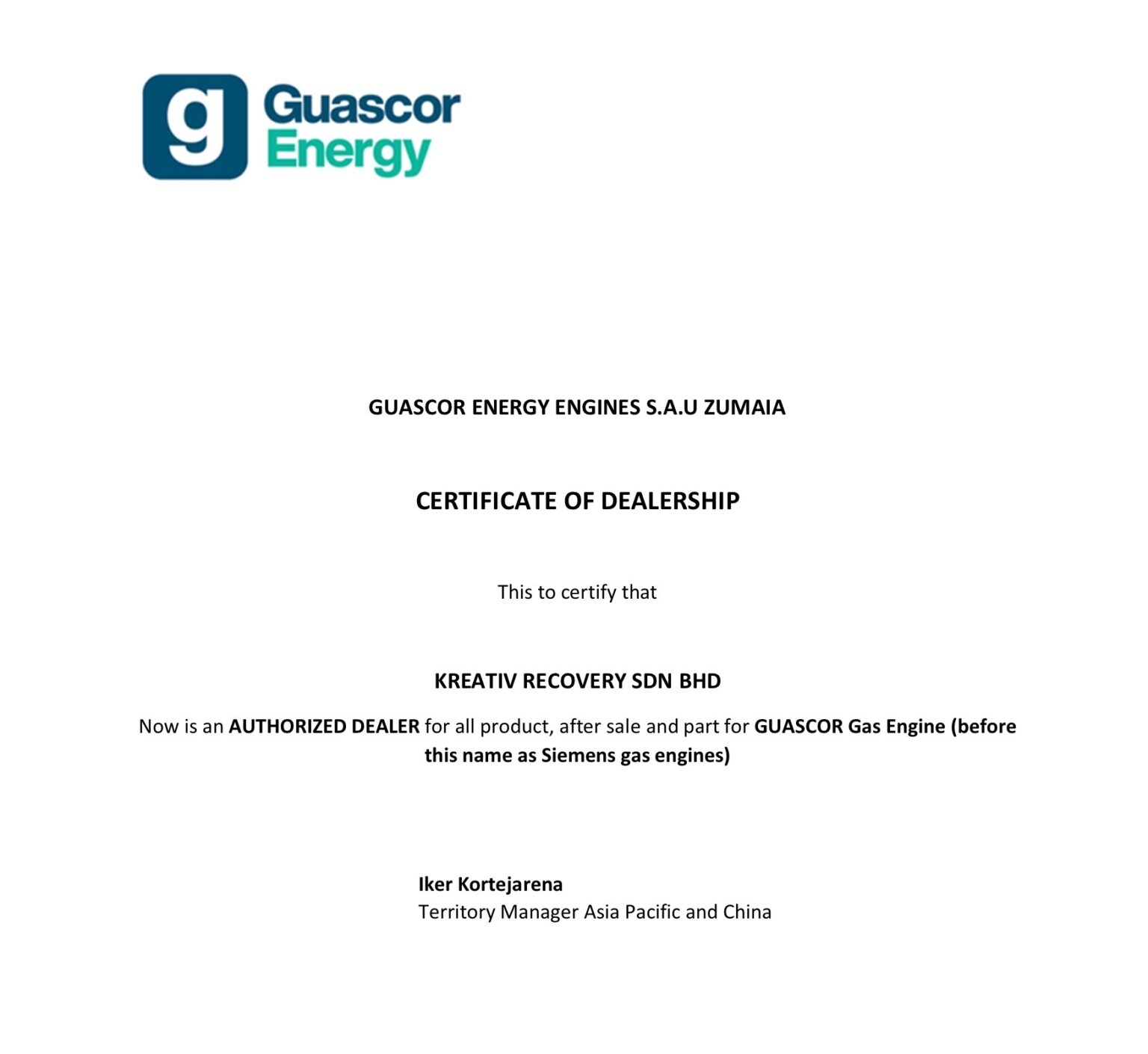 Certificate Of Dealership Kreativ Recovery